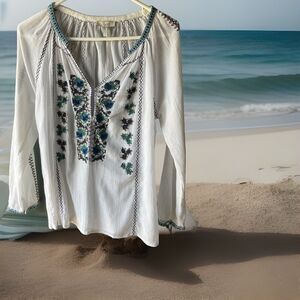 Revolve Joie Chava Embroidered and Embellished Tunic Top Size XS Boho Beaded